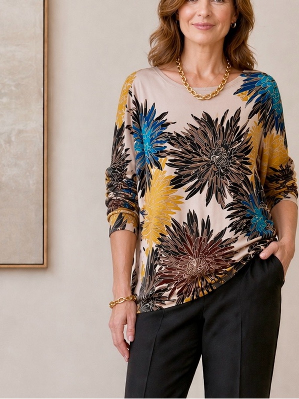 Alfani Floral Print Pullover Blouse with Blue & Mustard Blooms Size L